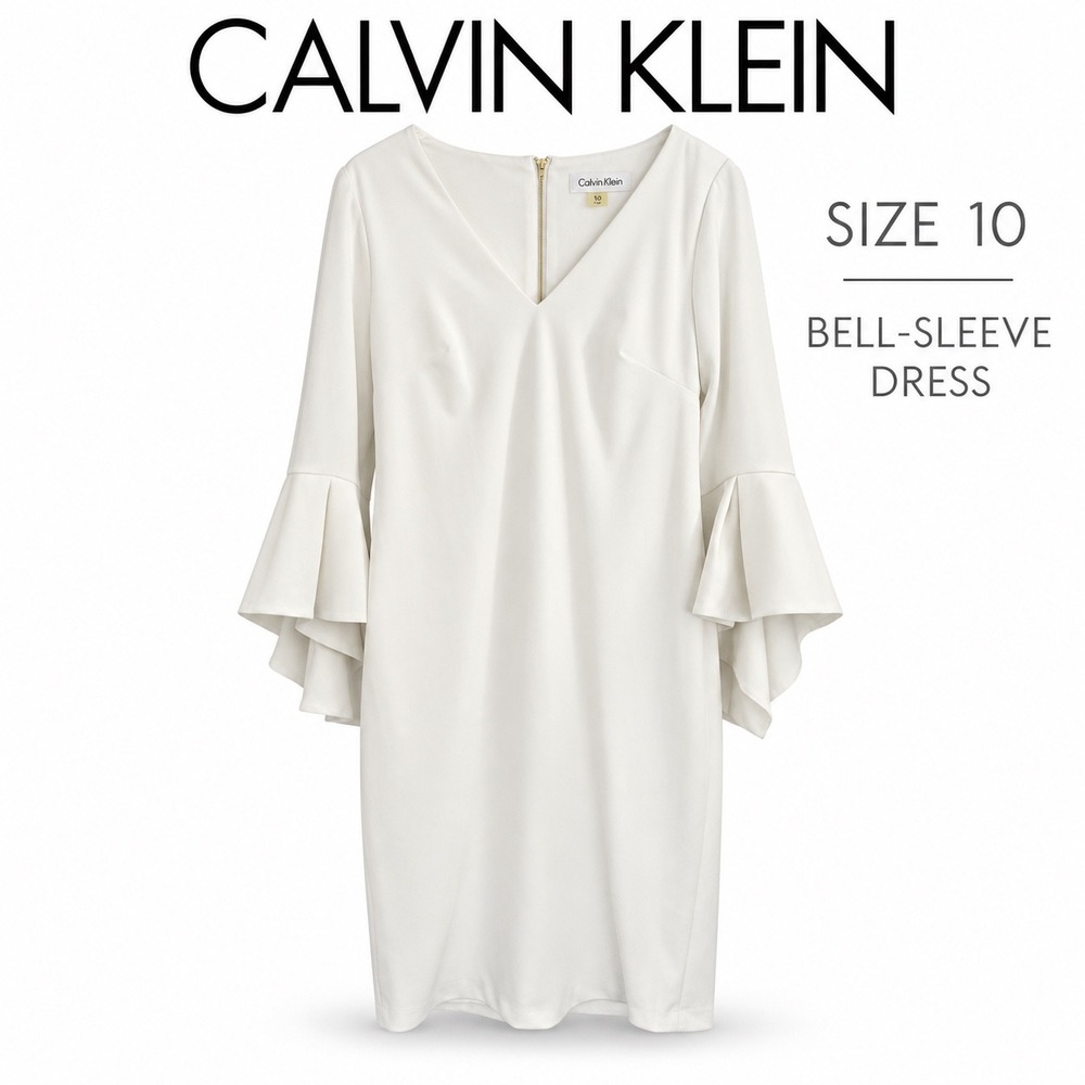 Calvin Klein size 10 White Bell Sleeve V-Neck Shift Dress